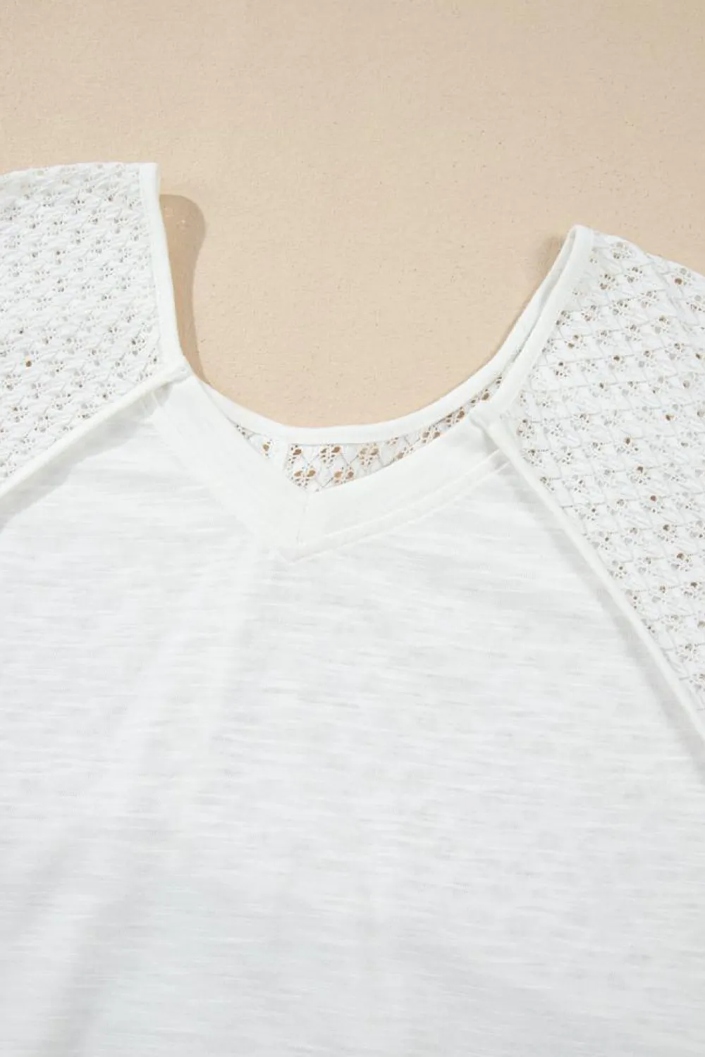 Clearance Dear-Lover Eyelet Patchwork High Low Hem V Neck Oversized Top White