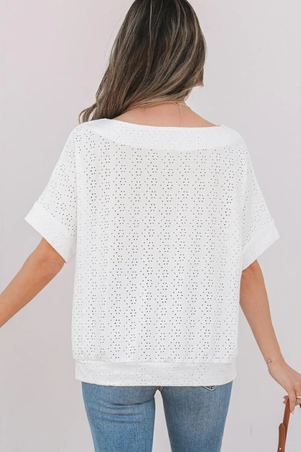 Best Dear-Lover Eyelet Pattern Boat Neck Casual Tee White