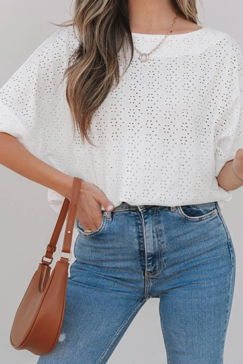 Best Dear-Lover Eyelet Pattern Boat Neck Casual Tee White