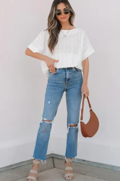 Best Dear-Lover Eyelet Pattern Boat Neck Casual Tee White