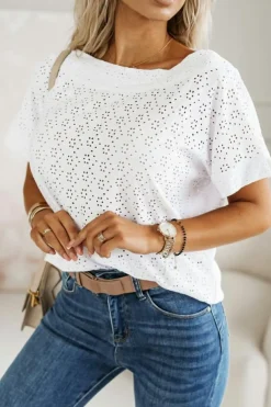 Best Dear-Lover Eyelet Pattern Boat Neck Casual Tee White