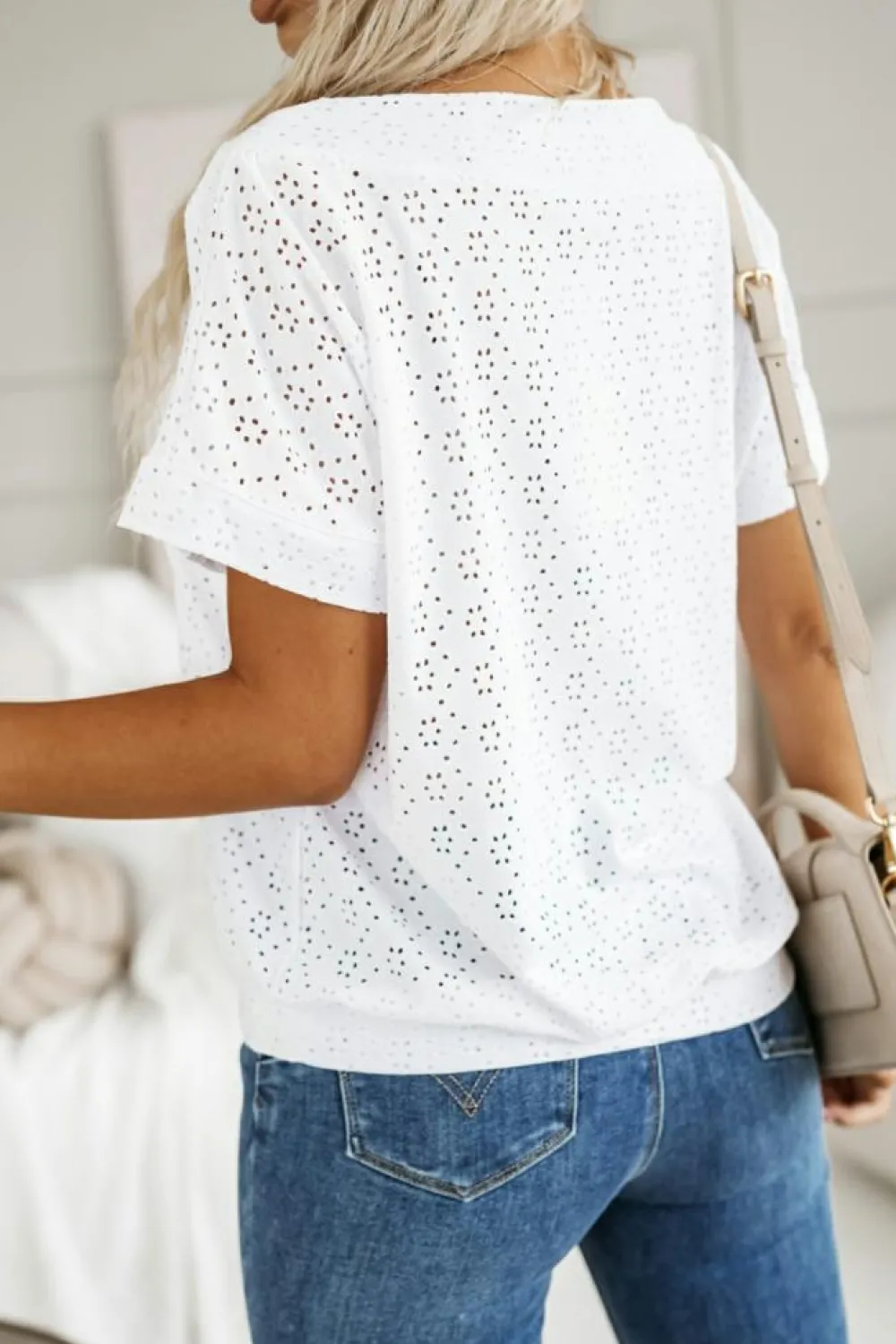 Best Dear-Lover Eyelet Pattern Boat Neck Casual Tee White