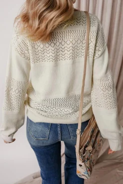 New Dear-Lover Eyelet Pattern Detail V Neck Drop Shoulder Sweater White