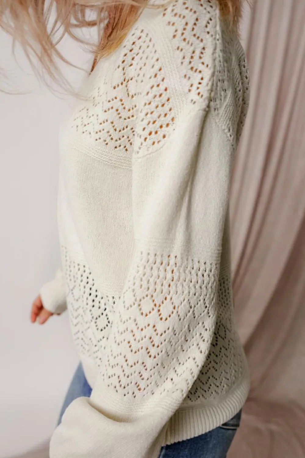New Dear-Lover Eyelet Pattern Detail V Neck Drop Shoulder Sweater White