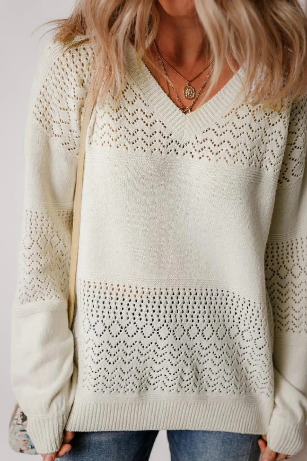 New Dear-Lover Eyelet Pattern Detail V Neck Drop Shoulder Sweater White