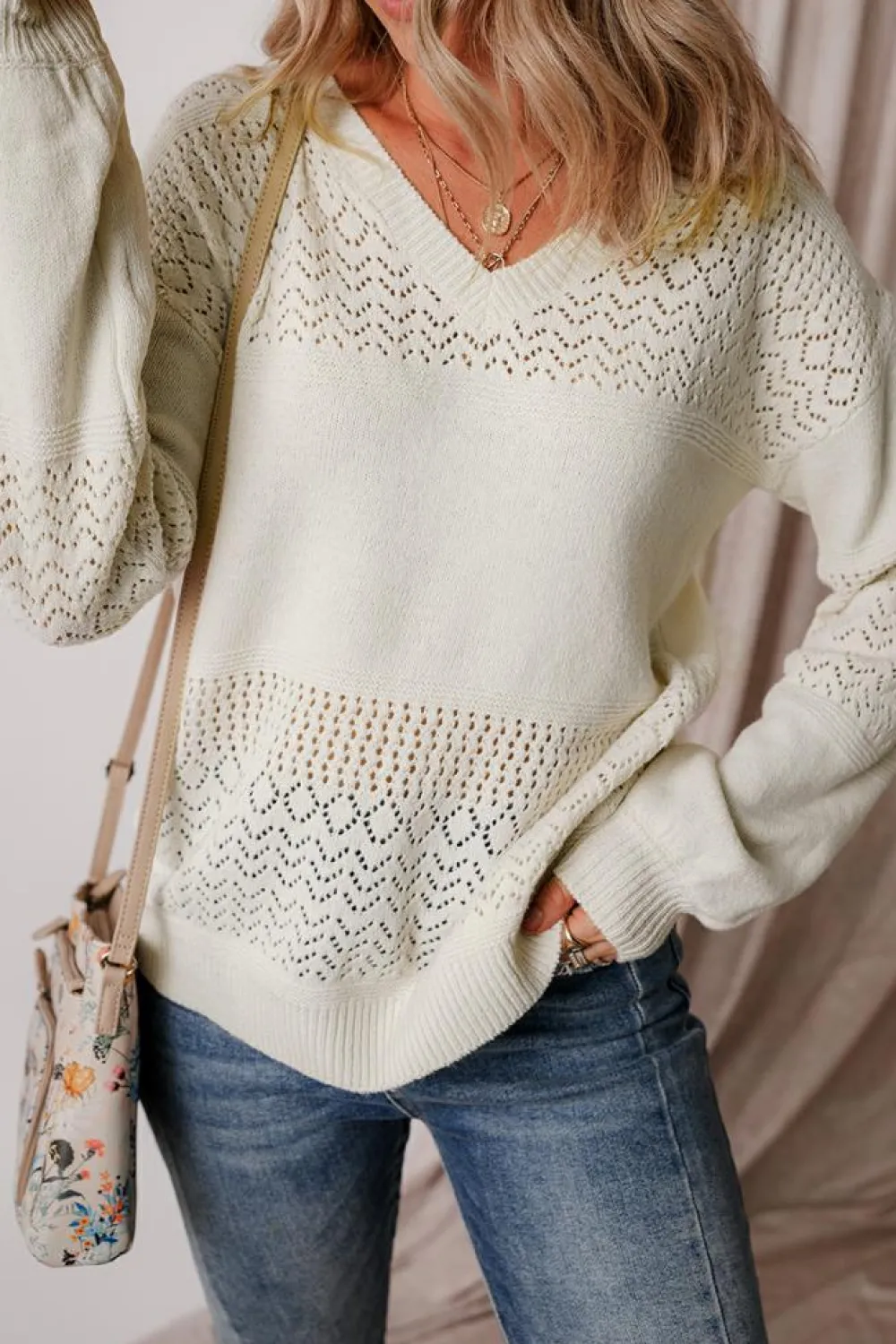 New Dear-Lover Eyelet Pattern Detail V Neck Drop Shoulder Sweater White