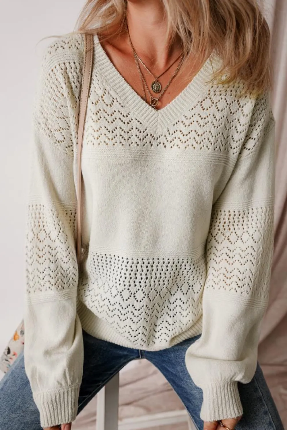New Dear-Lover Eyelet Pattern Detail V Neck Drop Shoulder Sweater White