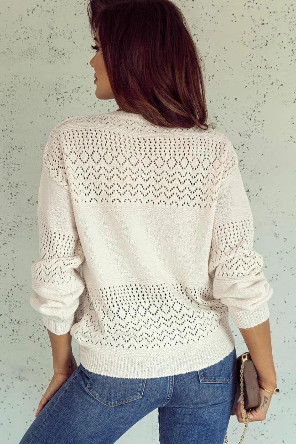 New Dear-Lover Eyelet Pattern Detail V Neck Drop Shoulder Sweater White