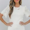 Online Dear-Lover Eyelet Pattern Short Sleeve Patchwork Ribbed Top White
