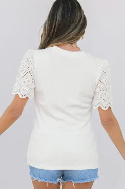 Online Dear-Lover Eyelet Pattern Short Sleeve Patchwork Ribbed Top White
