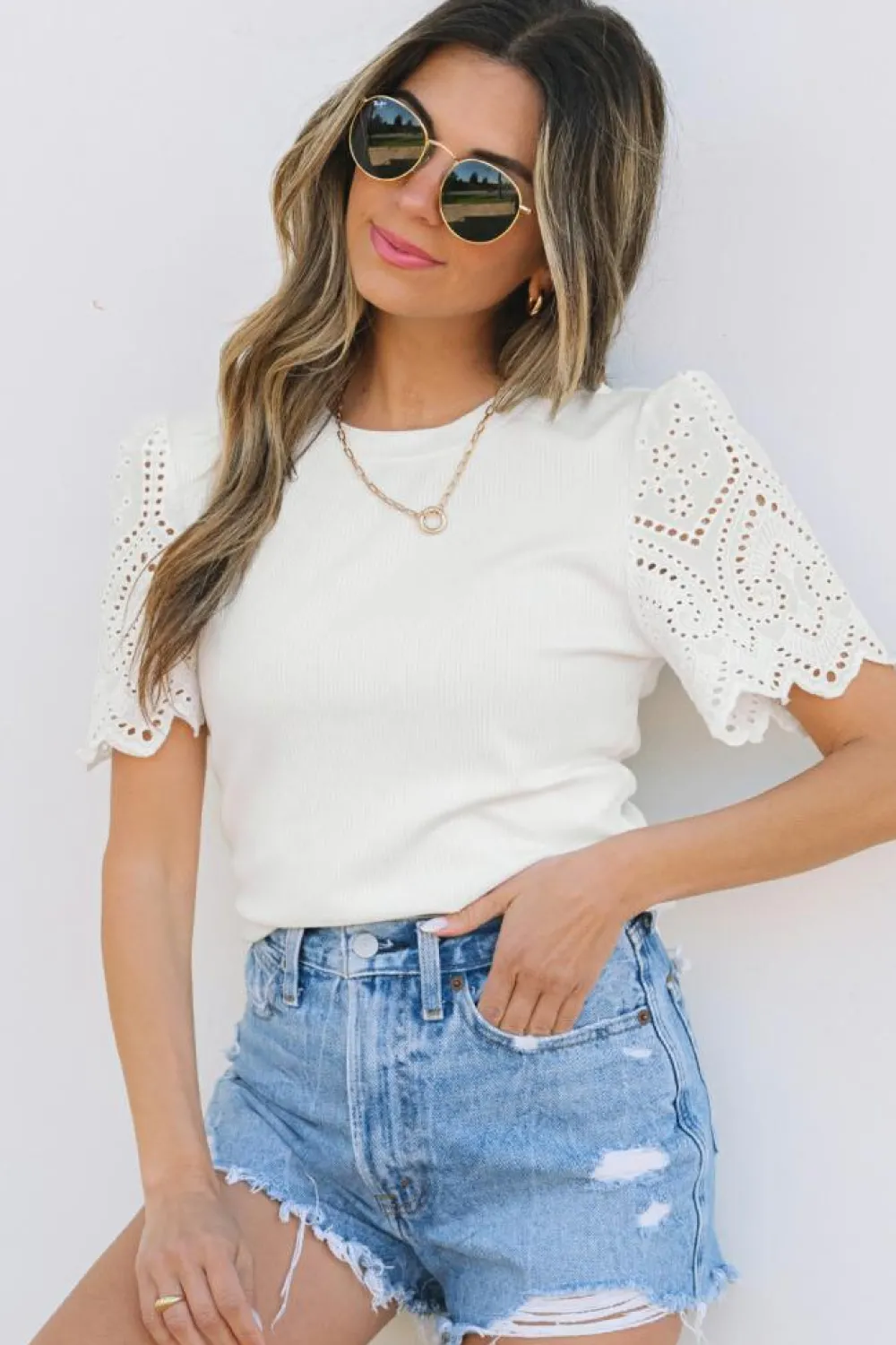 Online Dear-Lover Eyelet Pattern Short Sleeve Patchwork Ribbed Top White