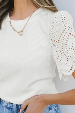 Online Dear-Lover Eyelet Pattern Short Sleeve Patchwork Ribbed Top White