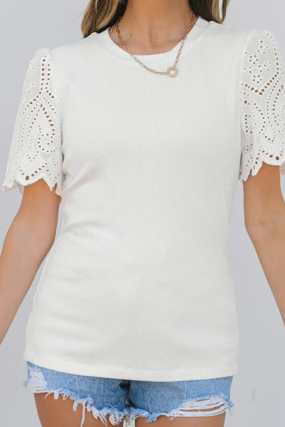 Online Dear-Lover Eyelet Pattern Short Sleeve Patchwork Ribbed Top White