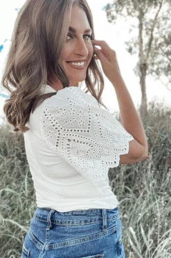 Online Dear-Lover Eyelet Pattern Short Sleeve Patchwork Ribbed Top White