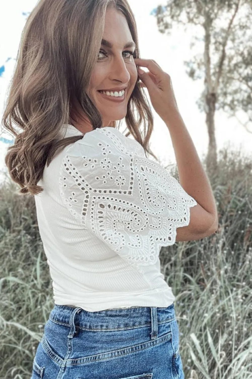 Online Dear-Lover Eyelet Pattern Short Sleeve Patchwork Ribbed Top White