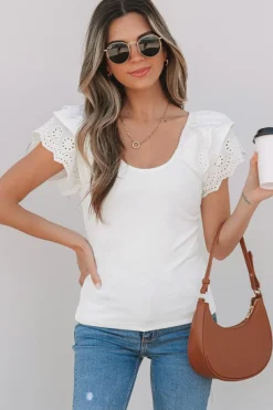 Hot Dear-Lover Eyelet Ruffle Sleeve Slim Fitted Top White