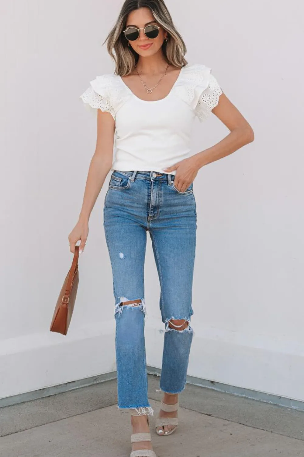 Hot Dear-Lover Eyelet Ruffle Sleeve Slim Fitted Top White