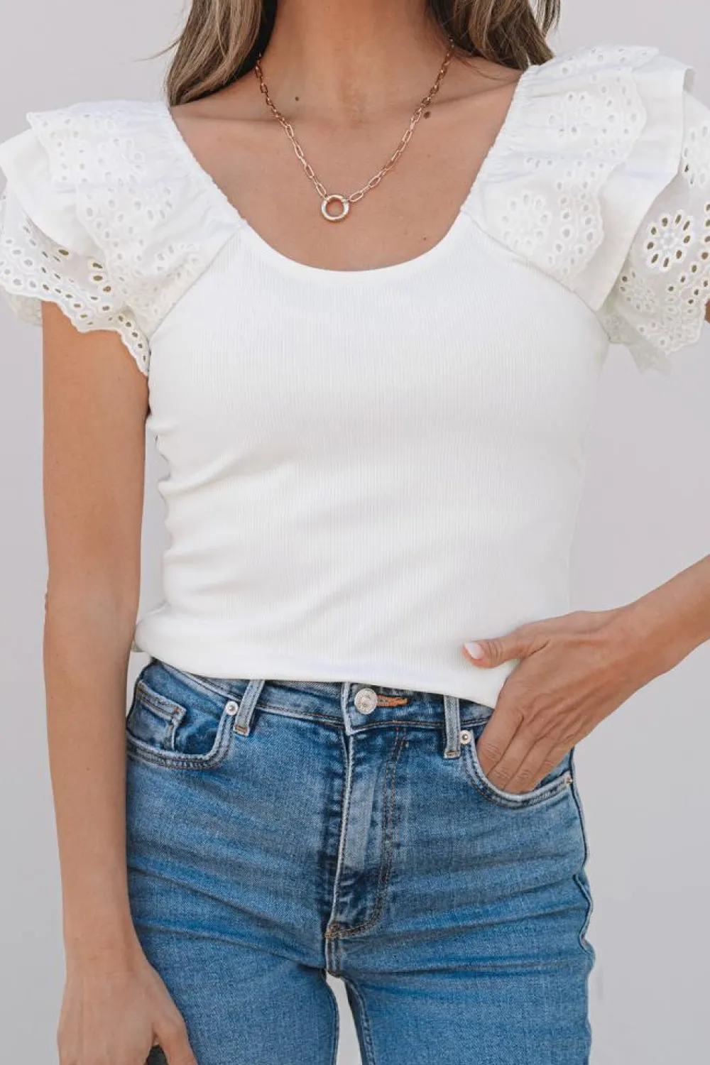 Hot Dear-Lover Eyelet Ruffle Sleeve Slim Fitted Top White