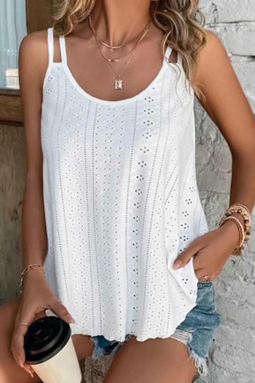Discount Dear-Lover Eyelet Strappy Scoop-Neck Tank Top White