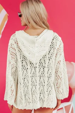 Fashion Dear-Lover Fashion Open Knit Hooded Beach Cover Up White