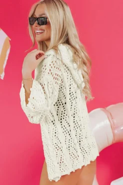 Fashion Dear-Lover Fashion Open Knit Hooded Beach Cover Up White