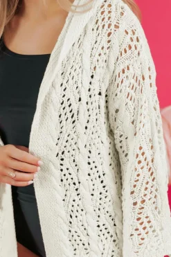 Fashion Dear-Lover Fashion Open Knit Hooded Beach Cover Up White