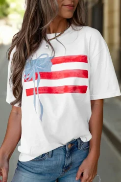 Online Dear-Lover Flag Bow Graphic Crewneck Tee White