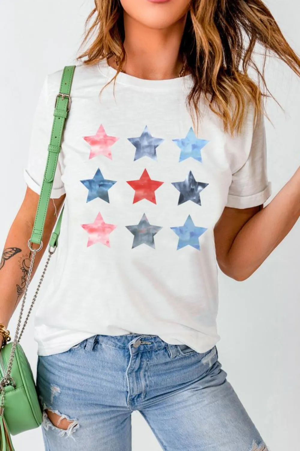 Clearance Dear-Lover Flag Day Stars Print Crew Neck T Shirt White