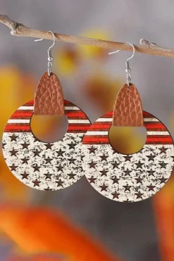 New Dear-Lover Flag Print Round Wooden Dangle Earrings White