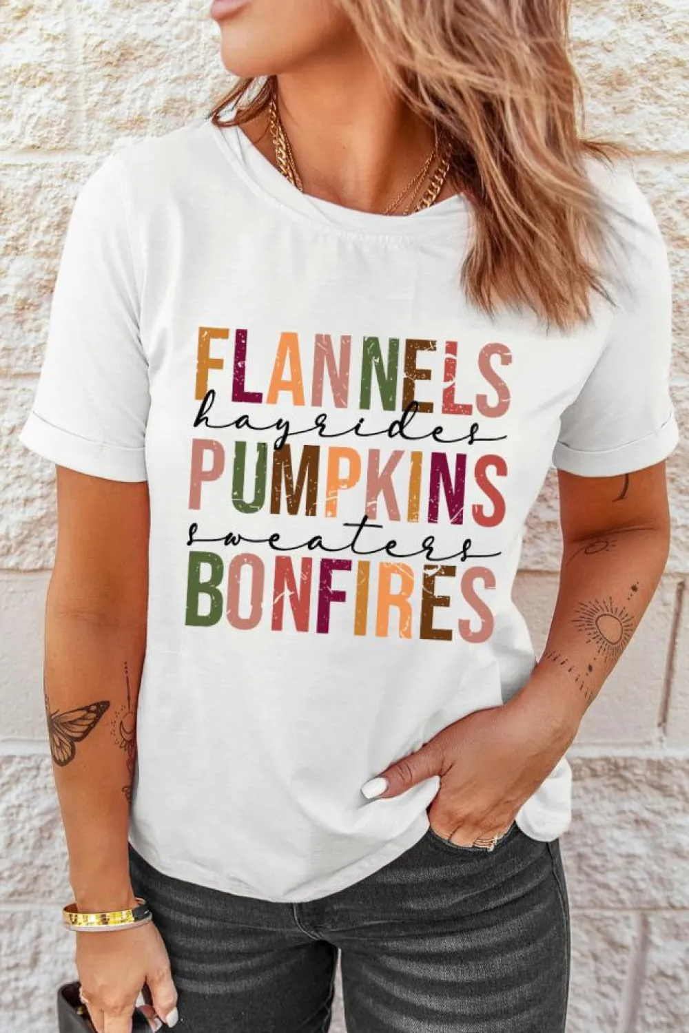 Outlet Dear-Lover FLANNELS PUMPKINS BONFIRES Crewneck Graphic Tee White