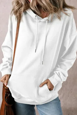 Discount Dear-Lover Fleece Lined Kangaroo Pocket Drawstring Chunky Hoodie White