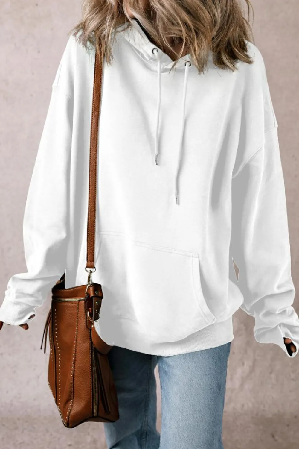 Discount Dear-Lover Fleece Lined Kangaroo Pocket Drawstring Chunky Hoodie White