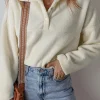 Sale Dear-Lover Fleece Placket Turn-down Collar Drop Shoulder Sweatshirt White