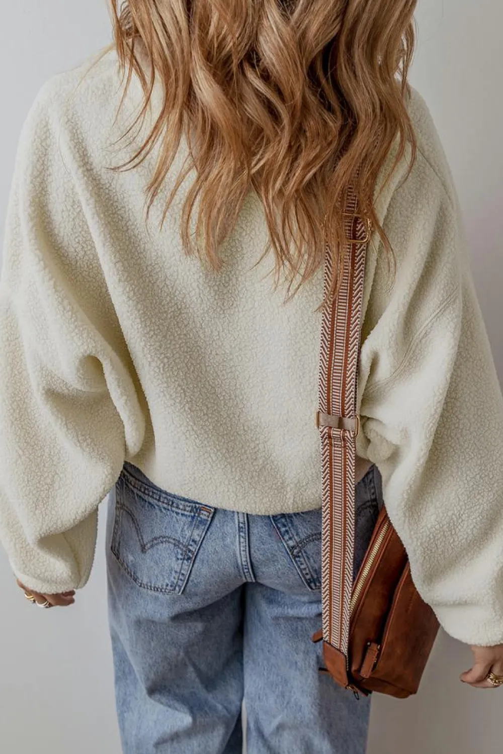 Sale Dear-Lover Fleece Placket Turn-down Collar Drop Shoulder Sweatshirt White