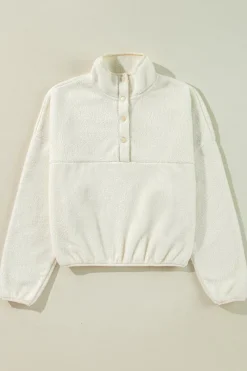 Sale Dear-Lover Fleece Placket Turn-down Collar Drop Shoulder Sweatshirt White