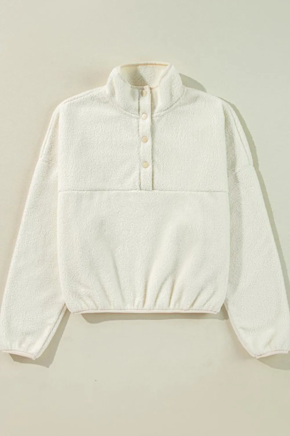 Sale Dear-Lover Fleece Placket Turn-down Collar Drop Shoulder Sweatshirt White