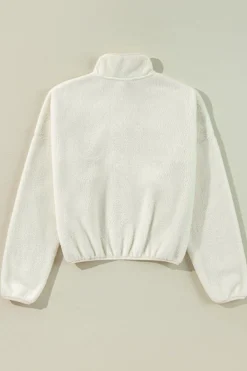 Sale Dear-Lover Fleece Placket Turn-down Collar Drop Shoulder Sweatshirt White