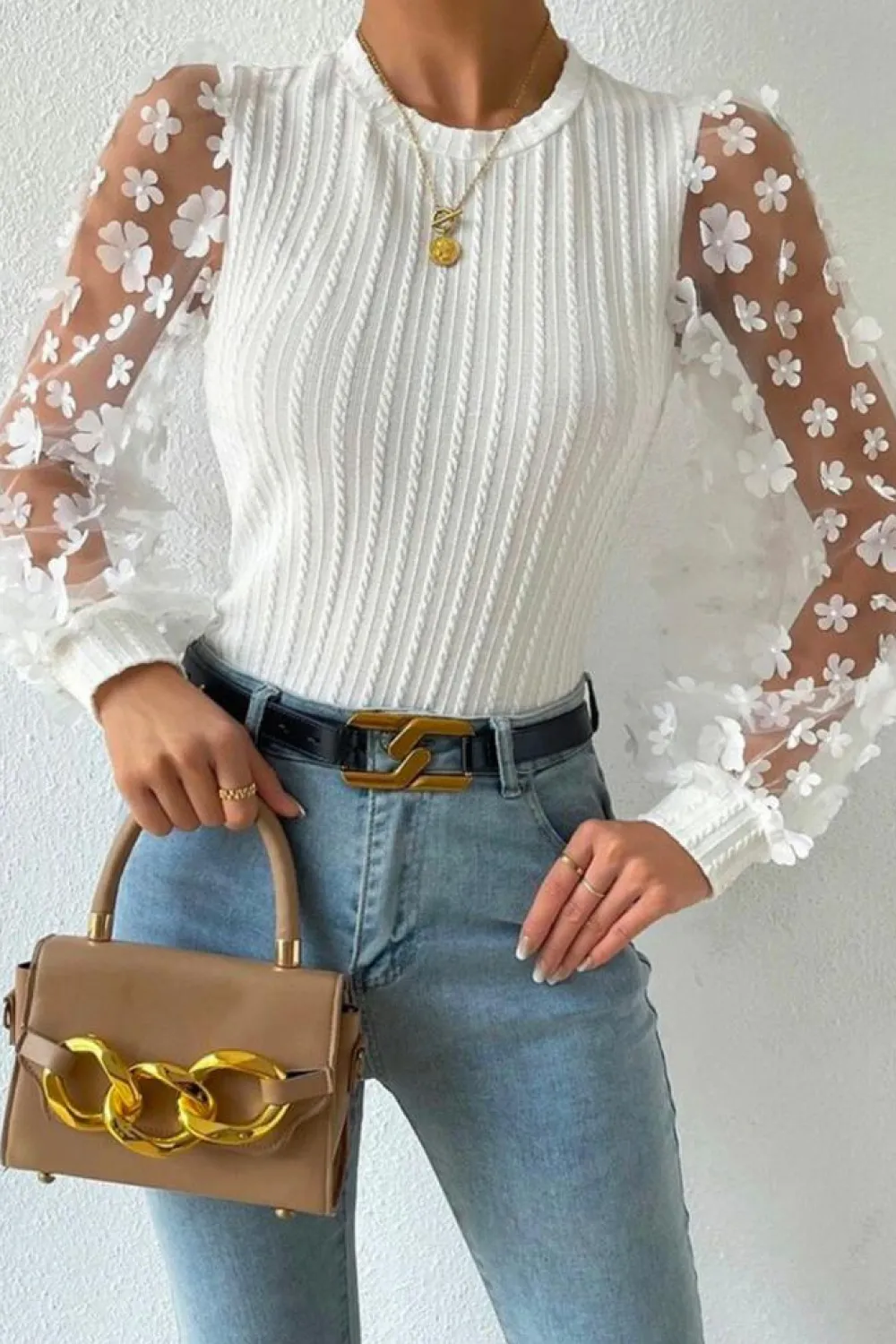 New Dear-Lover Floral Applique Mesh Sleeves Textured Knit Blouse White