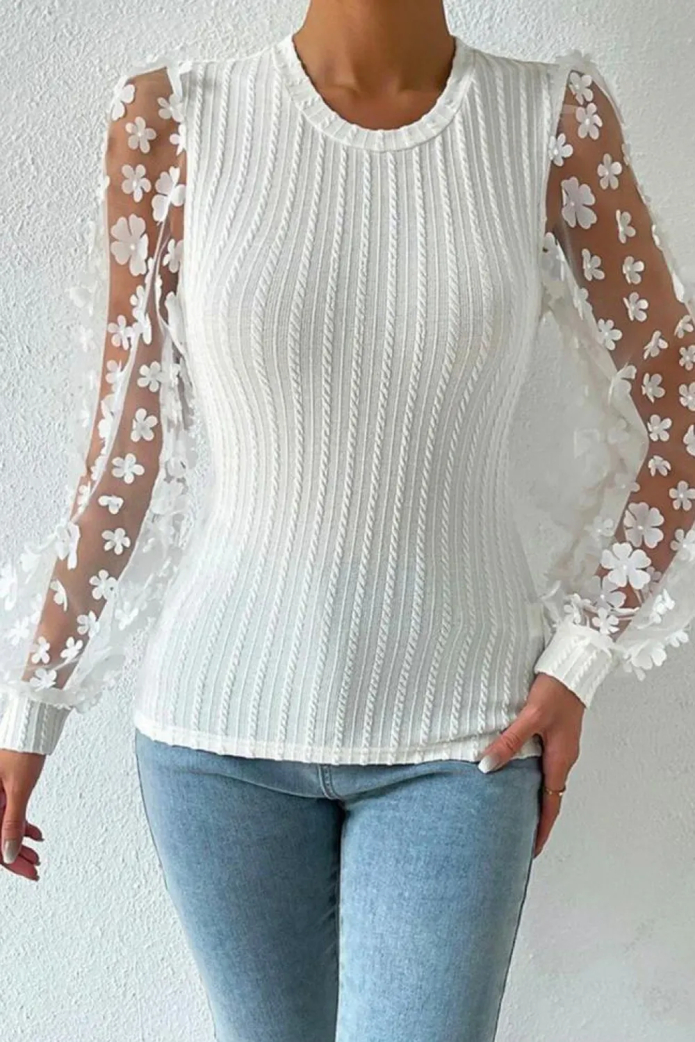 New Dear-Lover Floral Applique Mesh Sleeves Textured Knit Blouse White