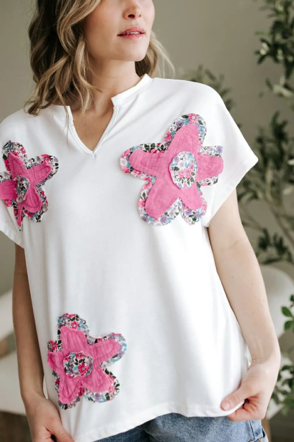 Online Dear-Lover Floral Applique Notched V Neck Dolman Sleeve Top White