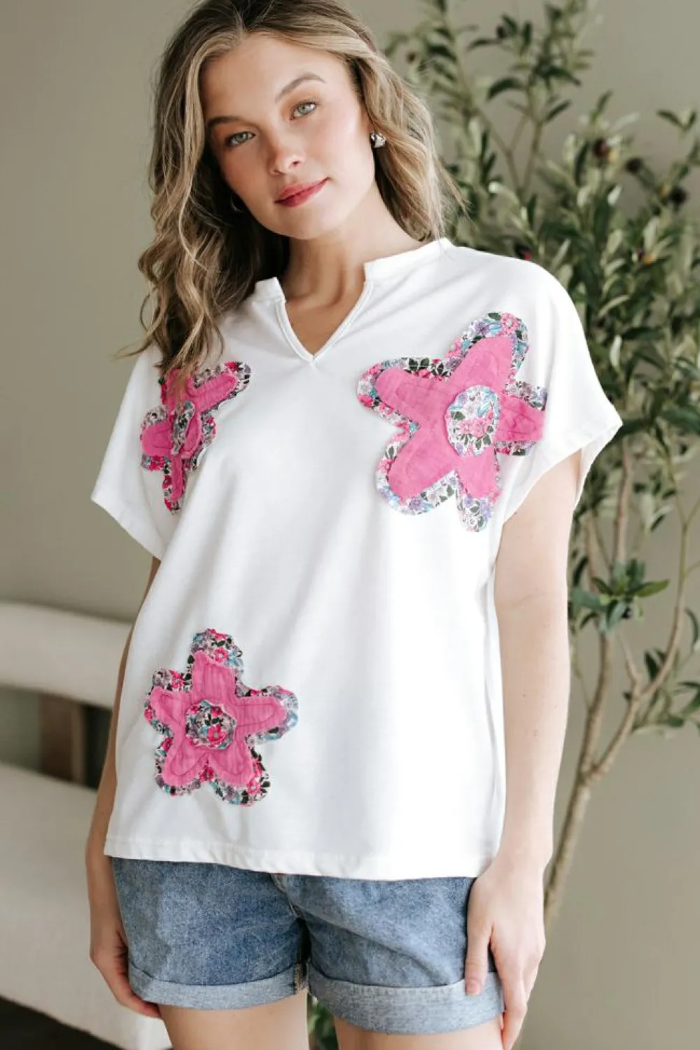 Online Dear-Lover Floral Applique Notched V Neck Dolman Sleeve Top White