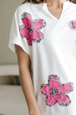 Online Dear-Lover Floral Applique Notched V Neck Dolman Sleeve Top White