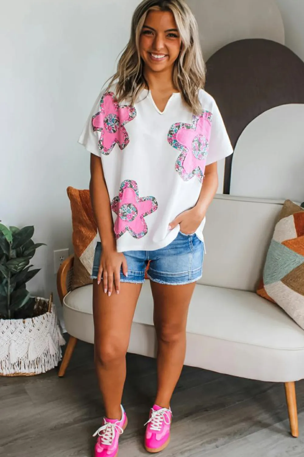 Online Dear-Lover Floral Applique Notched V Neck Dolman Sleeve Top White