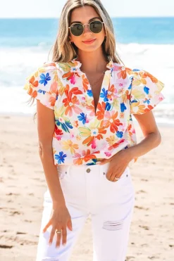 Fashion Dear-Lover Floral Bouquet Flutter Top White