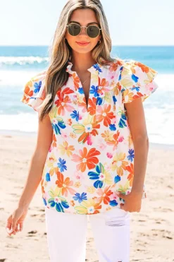 Fashion Dear-Lover Floral Bouquet Flutter Top White
