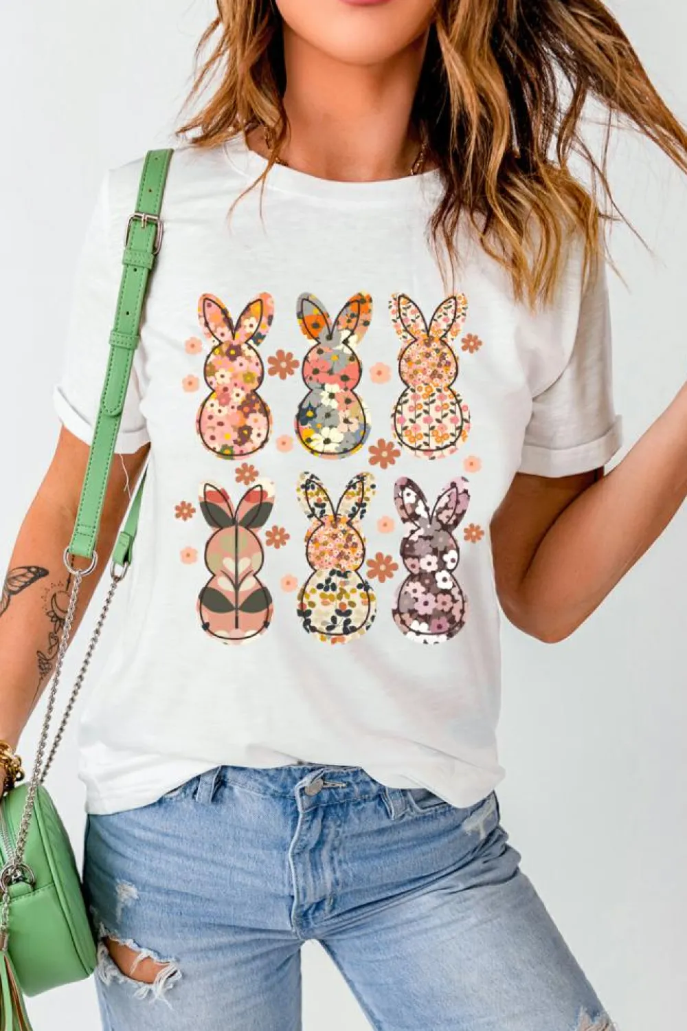 Best Dear-Lover Floral Bunny Graphic Crewneck Easter Fashion Tee White
