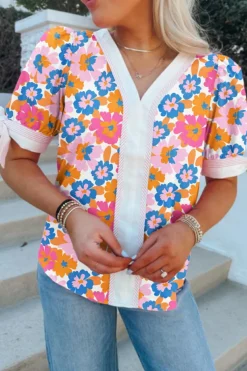 Online Dear-Lover Floral Colorblock Striped Edge V Neck Knotted Short Sleeve Blouse White