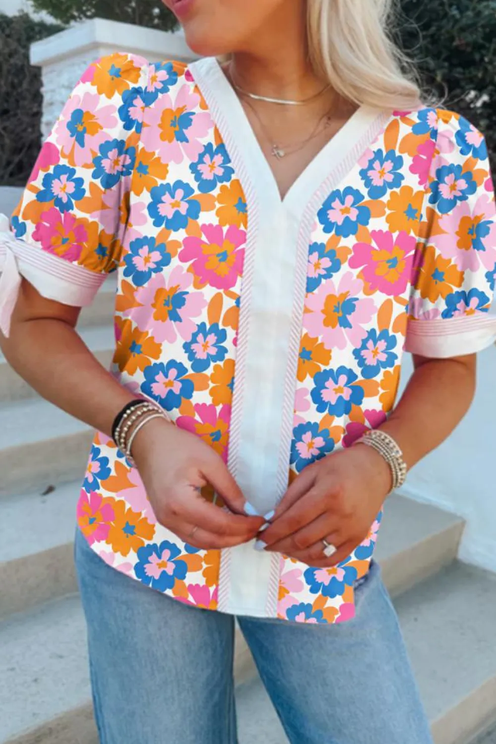 Online Dear-Lover Floral Colorblock Striped Edge V Neck Knotted Short Sleeve Blouse White