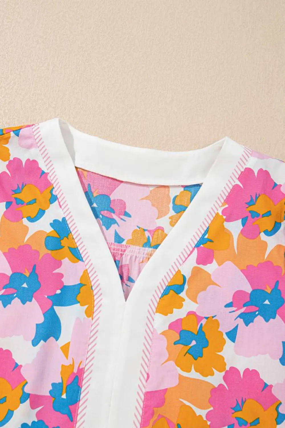 Online Dear-Lover Floral Colorblock Striped Edge V Neck Knotted Short Sleeve Blouse White