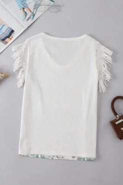Sale Dear-Lover Floral Crinkle Gauze Lace Fringed Crochet Top White